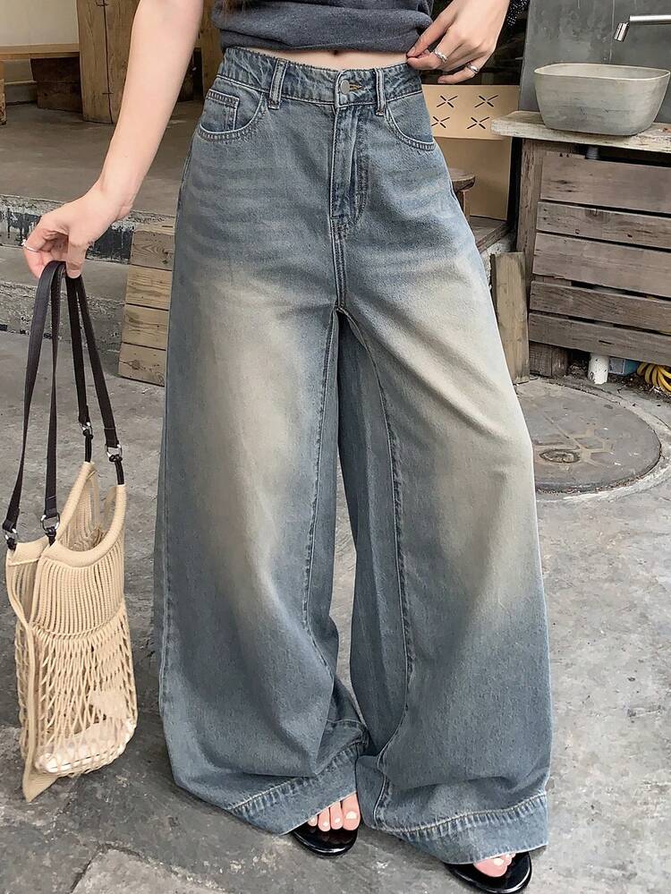 Distressed Washed Loose Wide Leg Jeans, Casual Vacation Summer Pants For Women