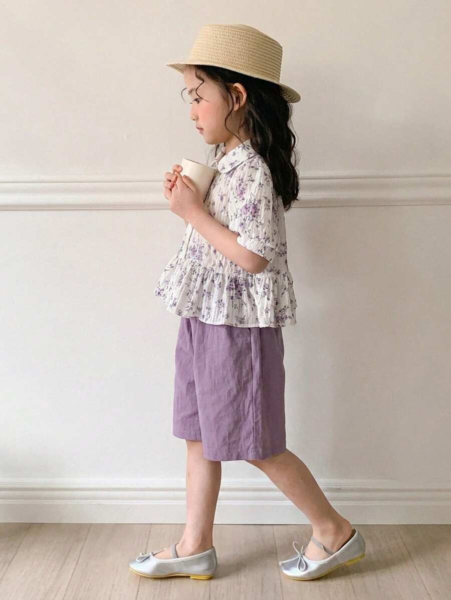 Dazy Kids 女童碎花單排扣短袖泡泡袖襯衫與短褲可愛兩件套 夏季 - 淡紫色 - 查看 1