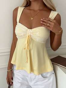 CovetEZ 女款蕾絲繫帶百褶休閒百搭日常外出上衣 - 黃色 - 查看 7