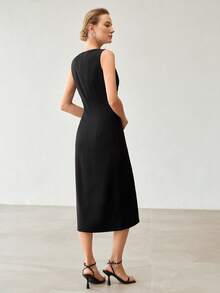 MOTF PREMIUM FAUX PEARL DECORATED HOLLOW OUT SLEEVELESS HIGH SLIT HEM DRESS - Black - View 3