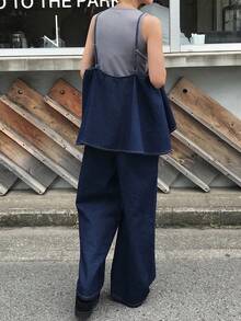 FRIFUL 女款時尚百搭荷葉邊下擺寬鬆寬腿牛仔吊帶褲 校園秋季款 - 藍色 - 查看 2
