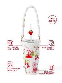 Strawberry Shortcake X SHEIN 500ml /16 Oz 真空隔熱不鏽鋼杯，1個防漏蓋，適用於熱飲/冷飲，適用於大多數杯架 - 白色 - 查看 3