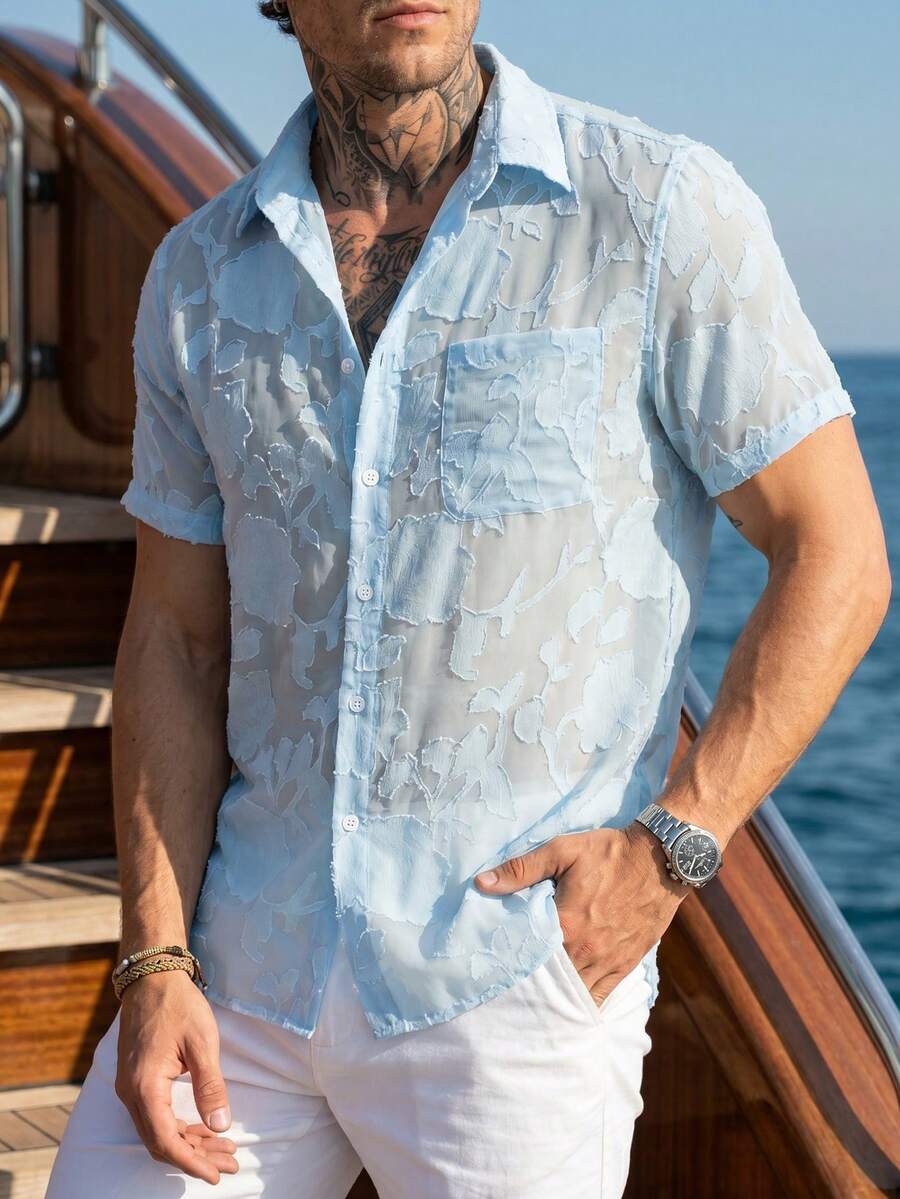 VENTUSAIL 男士剪花短袖單排扣休閒口袋襯衫 - 藍色 - 查看 1
