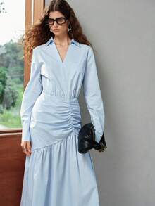 MOTF PREMIUM WOMEN'S SPRING/AUTUMN ASYMMETRIC PLACKET PLEATED WAIST SHIRT DRESS - Blue - View 4