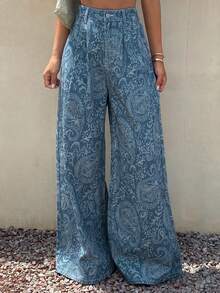 Livesso Summer Floral Print All-Over Print Casual Sexy Boho Loose Straight Leg Long Pants Women's Jeans Vacation White Swimming - Blue - View 9