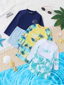 SHEIN 男童休閒寬鬆圓領長袖笑臉圖案T恤與條紋短褲套裝，泳裝，適合夏季穿著 - 彩色 - 查看 6