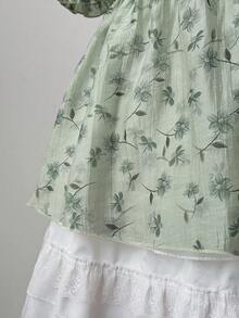 Flirla Plus Size Women Ruffle Trim Front Tie Ditsy Floral Vacation Shirt, Spring/Summer Gym Brown - Mint Green - View 6