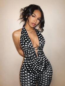 BamGleam Black And White Polka Dot 90s Disco Deep Draped Neck Halter Top And Bermuda Shorts Two Pieces Set Club Party Night Out Summer Sexy - Black - View 4