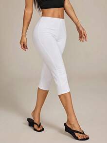 SHEIN PETITE Leggings Capri de Pierna Alta Estilo Urbano - Blanco - Ver 4
