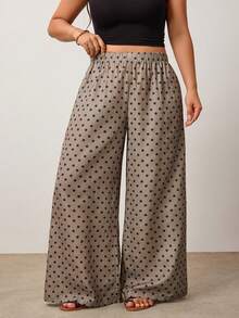 Enliva Plus Size Women's Polka Dot Wide Leg Pants – Flowy Elastic Waist Design For A Relaxed, Chic Everyday Look Vacation Autumn, For Apple And Rounded Body Shape - Khaki - View 8