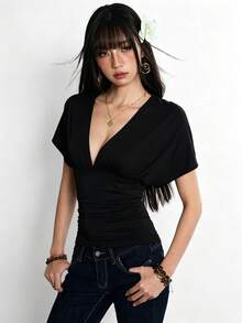 Rina Fox 女款薄荷藍深V領後背繫帶短袖性感修身上衣 - 黑色 - 查看 5