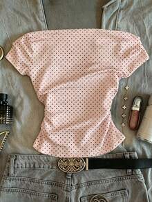 IslaSuriya Atasan Crop Tanpa Tali Motif Polkadot Berkerut untuk Wanita, Cocok untuk Pakaian Kasual Sehari-hari di Musim Panas - Baby Pink - View 2