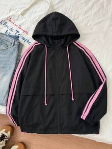SHEIN EZwear 大尺碼女款側條紋長袖前拉鍊抽繩連帽夾克 - 黑色 - 查看 4