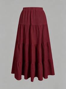 SHEIN EZwear 女款休閒度假多層式蛋糕裙，適合夏季 - 酒紅色 - 查看 2