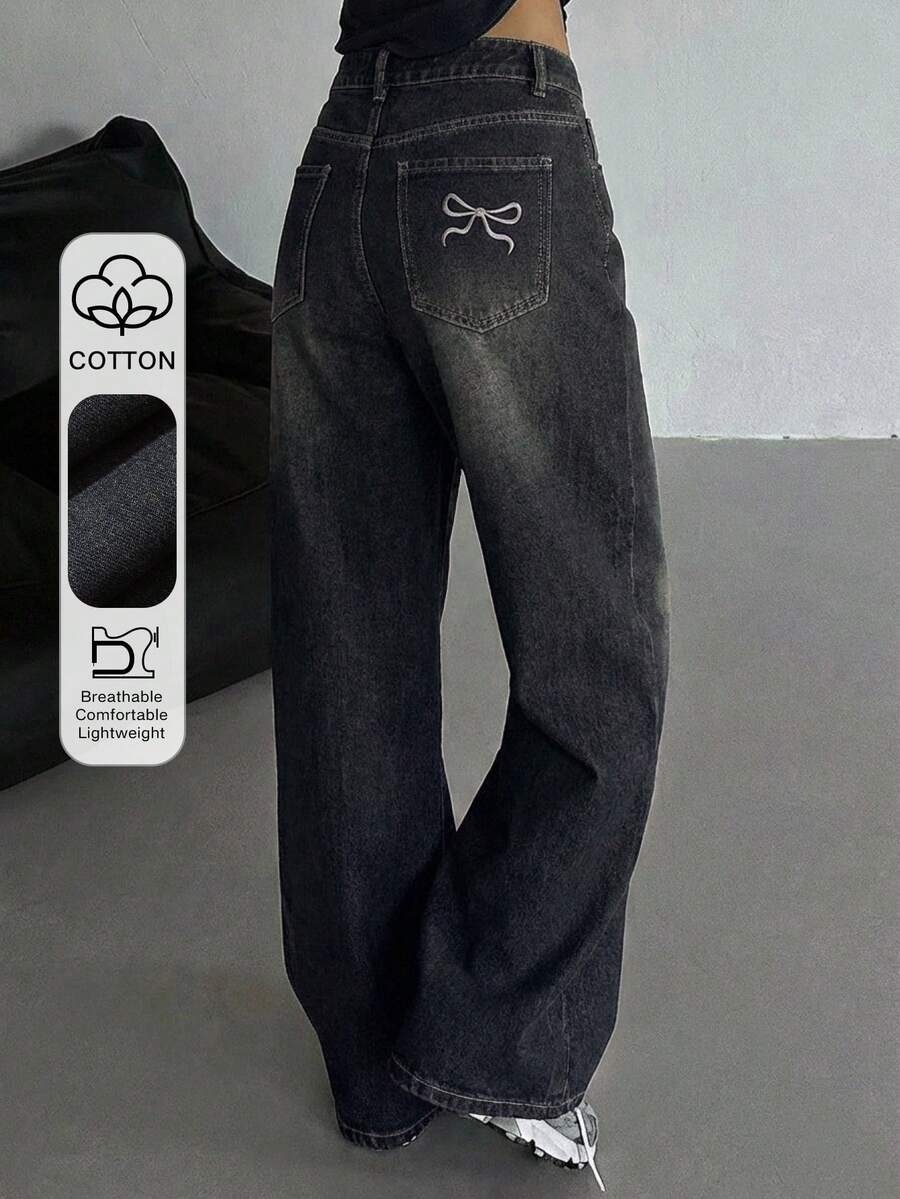 DAZY Women's Bow Embroidered Dark Washed Straight Leg Jeans With Slant Pockets Back-To-School School Graduation Summer Casual - Medium Wash - View 1