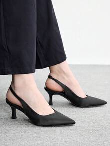CUCCOO BIZCHIC 時尚尖頭細中跟黑色女鞋，後跟扣帶設計，適合日常通勤、約會、派對穿著 - 黑色沙丁 - 查看 5