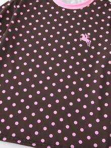 SHEIN Tween Girl Vintage Sweet Casual Dot Pattern Print & Pink Striped Horse Riding Print Short Sleeve T-Shirt And Flare Pants 2-Piece Set, Suitable For Spring, Summer, Autumn - Multicolor - View 7