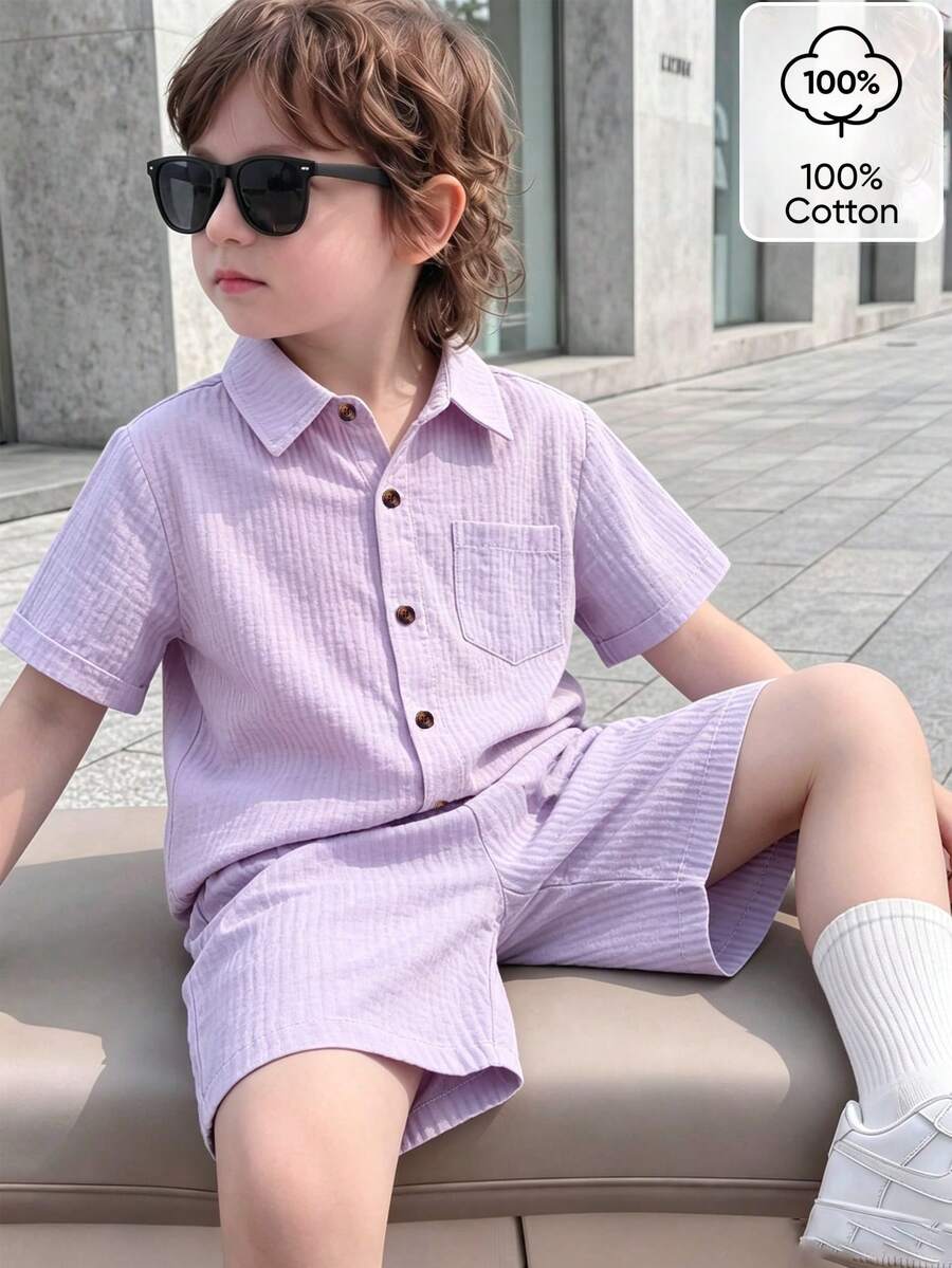 Souflis Souflis 2pcs Young Boy Casual Simple Preppy Cotton Regular Shoulder Short Sleeve Shirt And Shorts Set, Suitable For Daily Wear, Summer, Cotton Linen Birthday - Purple - View 1