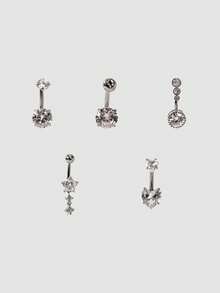MortiRose 5 pièces Ensembles de bijoux de piercing de corps pour femmes, anneaux de nombril floral cœur sexy de luxe en zircone - Argent - Voir 2
