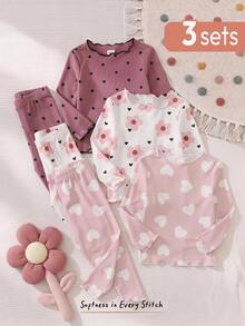 Cozy Pixies Baby Girl 6pcs Set: Plant & Floral Pattern Knit Soft Round Neck Long Sleeve Ruffle Pullover Top & Elastic Waist Long Pants - Pink - View 1