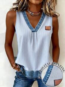 EMERY ROSE Áo tank top nữ cổ chữ V kẻ sọc dọc, kiểu dáng thường ngày, đa năng. - Màu xanh lam - Xem 1