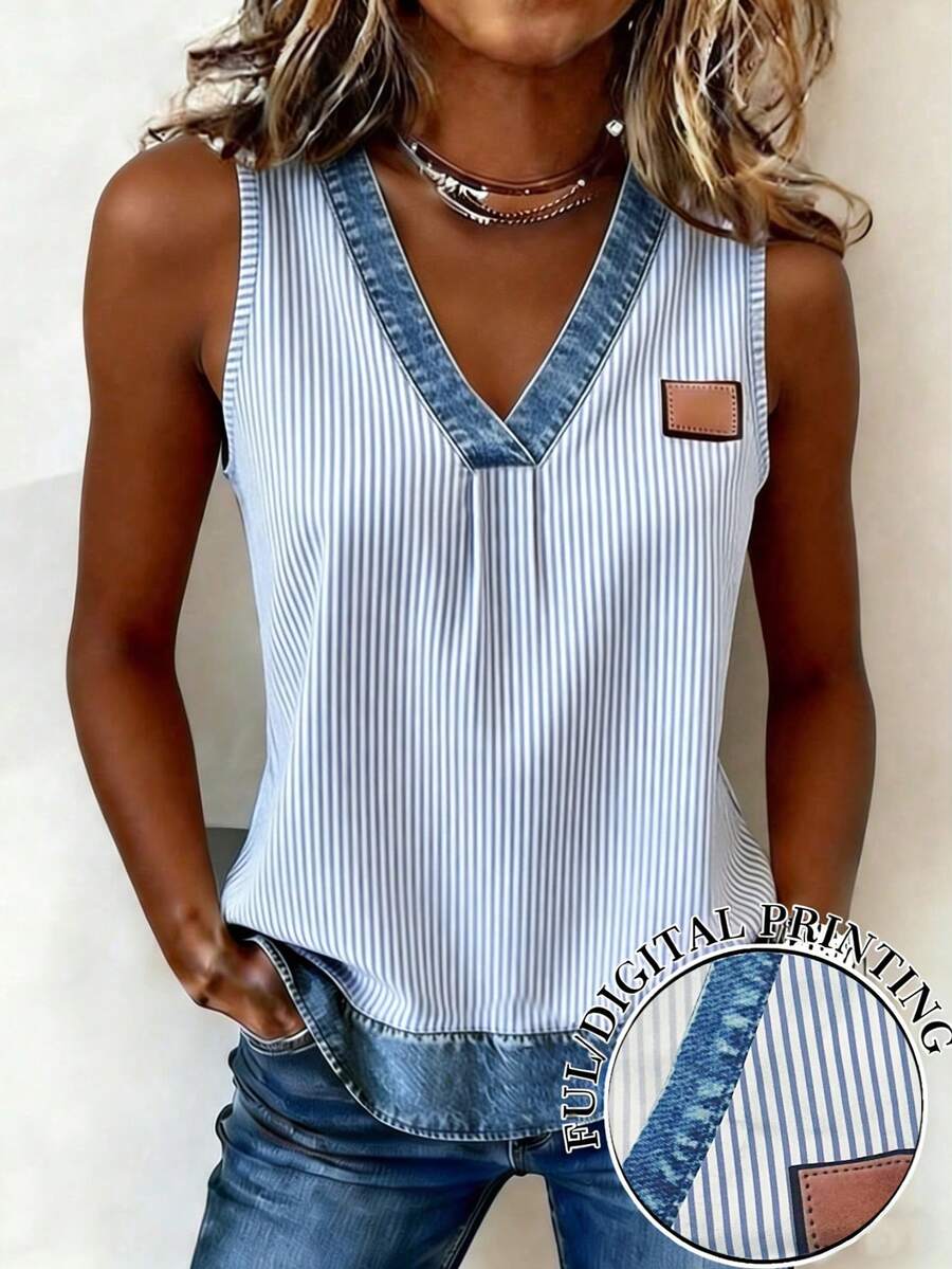 EMERY ROSE Áo tank top nữ cổ chữ V kẻ sọc dọc, kiểu dáng thường ngày, đa năng. - Màu xanh lam - Xem 1