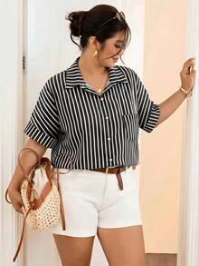 Lounesse Plus Size Women's Black And White Casual Commute Short Sleeve Fashion T-Shirt, Versatile T-Shirt, Summer Short Set, Vacation Curvy Figure Office - Black and White - View 5
