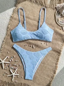 Bonvoyette Spring/Summer Purple Shell Pattern Knit Jacquard Fabric Adjustable Shoulder Strap Top With Matching High-Cut Triangle Bikini Bottoms Casual Fashion Women's Swimsuit Set 2pcs - Blue - View 11