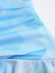 SHEIN Unity 春夏女款優雅海灘浪漫度假風印花多層下擺荷葉邊掛脖露背性感短洋裝 - 藍色 - 查看 6