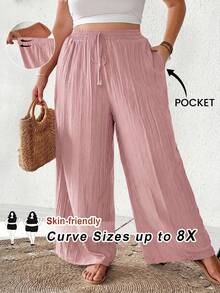 SHEIN CURVE+ 大码女装春夏新款商务休闲裤，时尚通勤优雅紫莲粉阔腿裤，带口袋，适合海滩度假穿着 - 粉色 - 查看 1