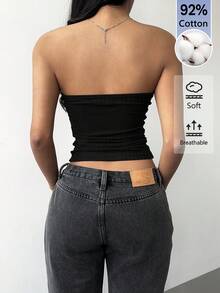 SHEIN BASICS 女款素色百褶貼身性感抹胸上衣 - 黑色 - 查看 2