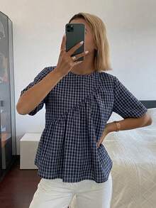 DAZY 女款素色寬鬆短袖圓領百褶休閒度假夏季襯衫上衣 - 藍色 - 查看 6