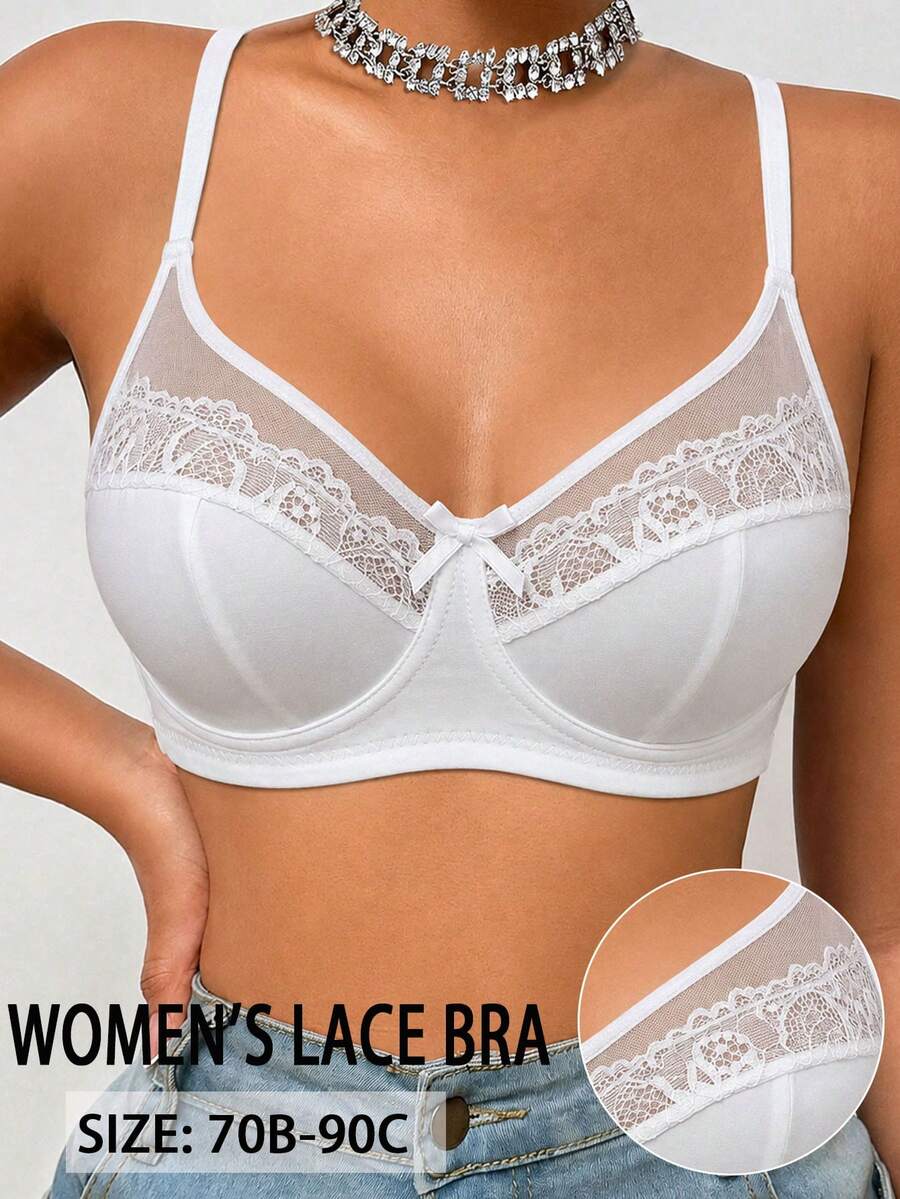 DesireSculpt 1pc Lace Patchwork Women's Non-Wired Bra - White - View 1