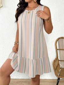 SHEIN Frenchy 大尺碼女款直條紋露背蝴蝶結肩帶洋裝 - 彩色 - 查看 6