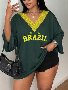 Maweii Plus Size Casual Sports Lace Patchwork Color Block Letter Print T-Shirt - Multicolor - View 1