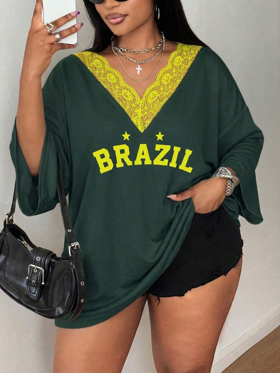 Maweii Plus Size Casual Sports Lace Patchwork Color Block Letter Print T-Shirt - Multicolor - View 1