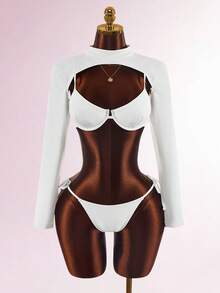 Amplova Women's 3 Pieces All White Sexy Sports Style Swimwear, Cute Underwire Design Beach Party Summer - White - View 6