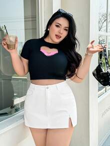 SHEIN ICON 大尺碼女款牛仔裙褲，側開衩下擺附口袋 - 白色 - 查看 4