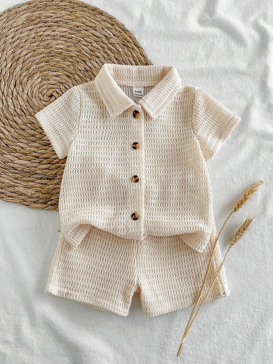Vintaside Kids 男嬰2件組襯衫短褲套裝,田園度假鄉村風,特殊紋理3D面料,棉麻手感,舒適柔軟,百搭時尚可愛休閒外出套裝 - 米色 - 查看 1