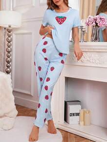 SHEIN Casual Underwear&Sleepwear 女款草莓印花圓領短袖上衣與休閒長褲睡衣套裝 - 彩色 - 查看 5