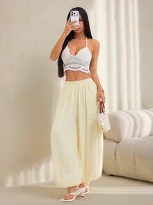 SHEIN PETITE Quần dài nữ màu trơn phong cách thường ngày đa năng xếp ly có túi dây buộc ống đèn bo gấu - Màu be - Xem 5