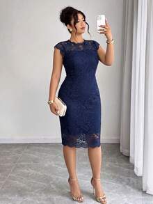 Elenzga Plus Size Women Lace Elegant Waist Gathering Party Dress Summer Spring Wedding Guest Party - Blue - View 6