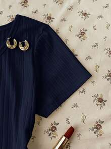 Teen Girl Summer New Snug Fit Versatile Navy Blue Ribbed Knit Round Neck Button Short Sleeve Top - Navy Blue - View 6