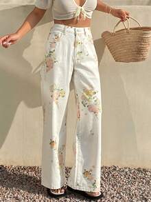 Livesso Women's Loose Straight-Leg Jeans With Floral All-Over Print, Suitable For Summer, Autumn And Spring, Casual Business Office Wear Vacation - White - View 6