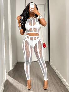 BamGleam Spring/Summer New Women's Knitted Fishnet Hollow Sexy Mesh Outfit Set Black Striped Tight Bodysuit Women's Cover-Up - White - View 7