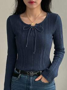 FRIFUL Women Casual Solid Color Cross Strap Long Sleeve Fitted T-Shirt,Fall Women Clothes - Navy Blue - View 11
