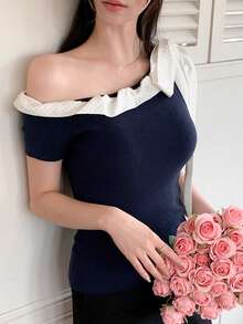 DAZY 拼接對比色不對稱肩綁帶修身優雅法式度假風夏季女款針織上衣 校園早午餐派對 海軍藍波點 - 藏蓝色 - 查看 4