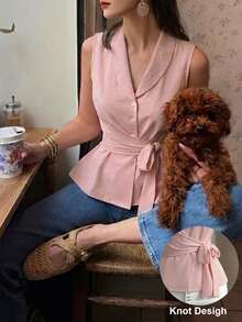 SHEIN PariChic Blusa sin mangas de unicolor con lazo en la cintura, estilo de commuter francés, adecuada para el Día de la Madre, reuniones familiares, ir al trabajo y atuendos elegantes - Rosa - Ver 3