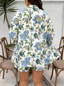 SHEIN VCAY 大尺碼女款夏季印花襯衫短褲兩件套，寬鬆和服風海灘島嶼休閒短套裝 - 藍色 - 查看 2