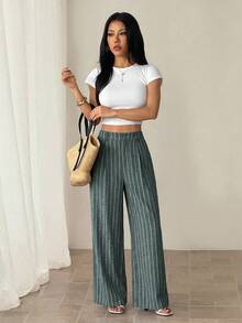 SHEIN PETITE 女款條紋長褲 夏威夷風 女士辦公西裝褲 家居舒適褲 女款兩件套 女款套裝 秋冬款 小個子女款 - 墨綠色 - 查看 5